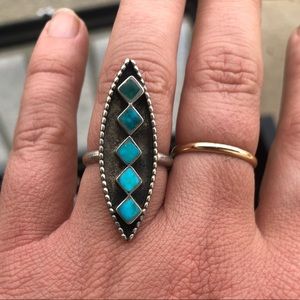 Turquoise Inlay Long Sterling Silver Ring 6.5